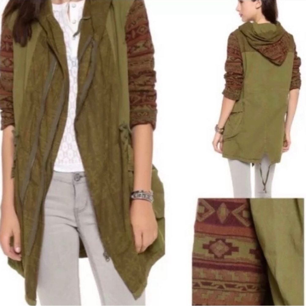 Free People Mixed Media Tapestry Hooded Parka Jacket - Army Green, size S